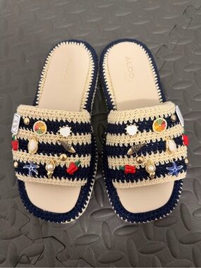 ALDO Navy and Cream Beaded Crochet Slide Sandals